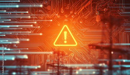 Bright yellow warning sign glowing intensely over a complex orange circuit board representing critical digital security and system failure alerts