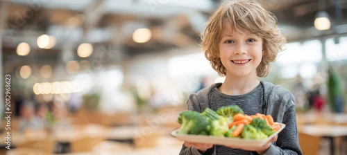 Panel kuchenny z motywem Young kid holding plate of mixed vegetables and healthy sides in spacious school lunch hall