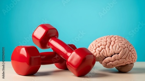 Red Dumbbells and Human Brain Model for Mind-Body Wellness, Connection Between Physical Fitness and Mental Health Concept