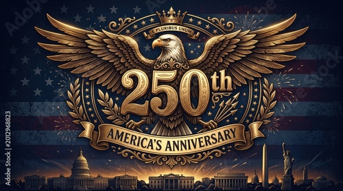 Usa's 250th independence day anniversary logo with american flag and patriotic landmarks for commercial use.