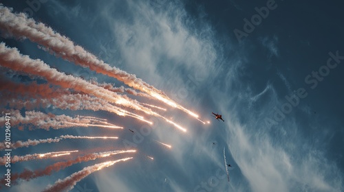 Military jet releasing defense flares with smoke trail dramatic aerial aircraft maneuver scene