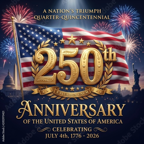 Vibrant illustration for america's 250th independence day with us flag and famous landmarks for commercial licensing.
