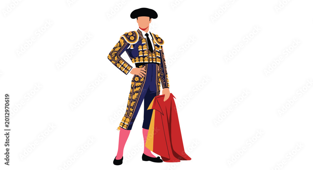 Obraz premium Traditional spanish matador dressed in an ornate suit of lights holding a red cape and posing confidently on a white background.
