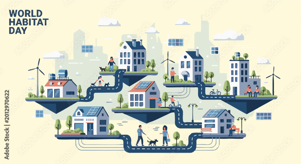 Obraz premium Sustainable eco friendly houses in futuristic cityscape with green spaces and renewable energy sources in vibrant colorful illustration for World Habitat Day