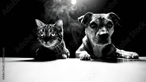 Black and White Portrait of a Cat and Dog Under a Bright Light, Focused Look, Domestic Animals
