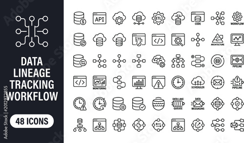 Foto Data Lineage Tracking Workflow Icon Set with ETL Pipeline Monitoring Cloud Datab