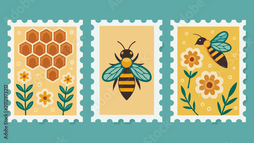 Vintage postage stamps with bumblebee and honey botanical illustrations