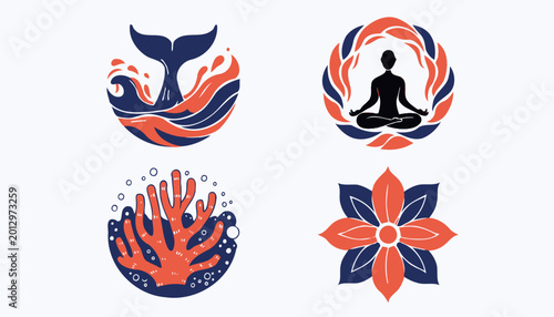 Holistic wellness and marine ecosystem illustrations with yoga and whale tail