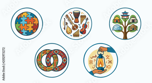 Diverse ethnic community icons representing multicultural friendship and world peace