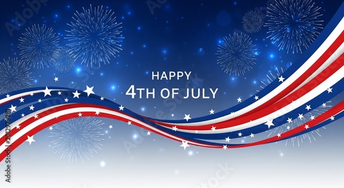 Happy 4th of July greeting with fireworks and American flag ribbons against a starry blue night sky background, festive celebration graphic design