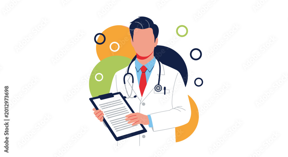 Fototapeta premium Professional male doctor wearing a white lab coat and stethoscope holds a medical clipboard against an abstract background.