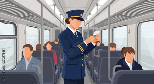 Foto Train conductor checking tickets inside passenger carriage, uniformed staff, pub