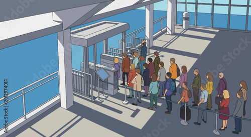 Fotografie People queueing for attraction, waiting line at ticket booth, sunny day, urban v