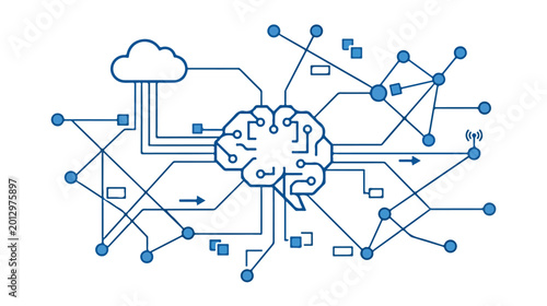 Artificial Intelligence Brain Connected to a Global Network and Cloud Computing with Data Flow and Machine Learning Concept