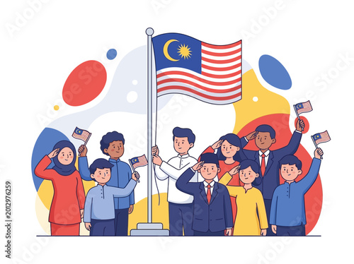 Fotografie People raising flag in vector style illustration with vibrant colors and composi