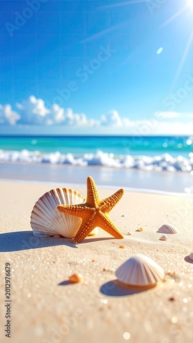 Starfish and shells on a sun-drenched tropical beach, ocean waves
