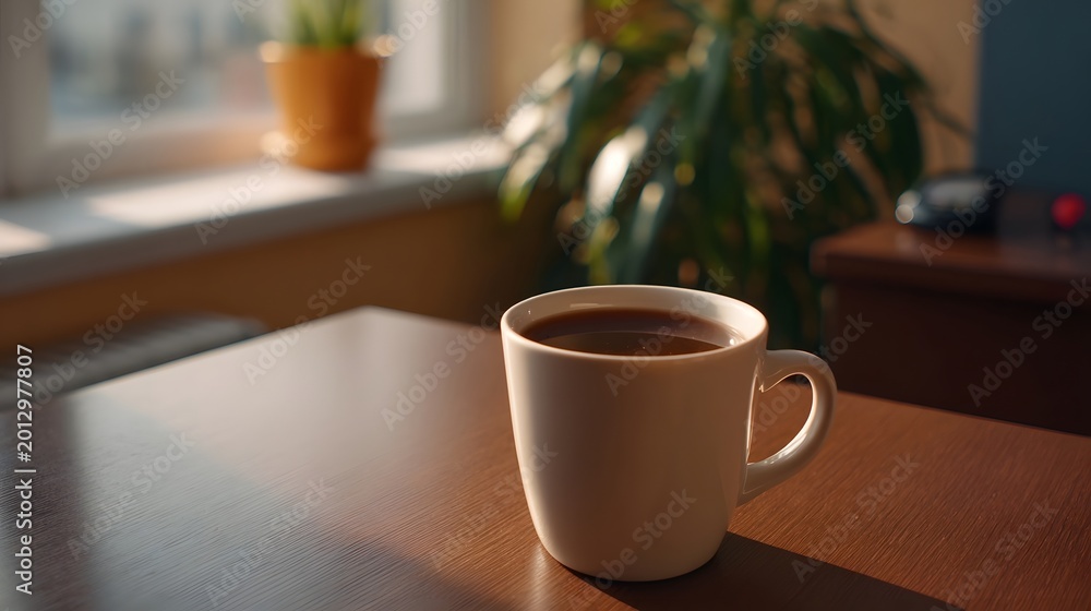 Fototapeta premium A warm cup of coffee rests on a wooden table near a sunny window with tropical greenery creating a calm morning atmosphere