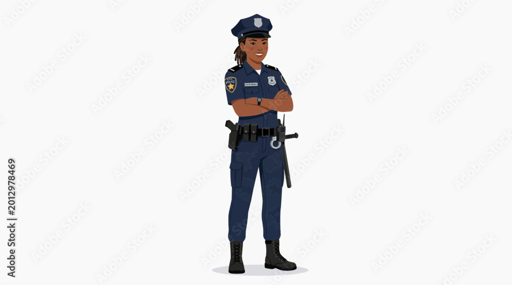 Naklejka premium Modern police officer character in uniform, confident pose, flat 2D vector illustration, isolated on white background
