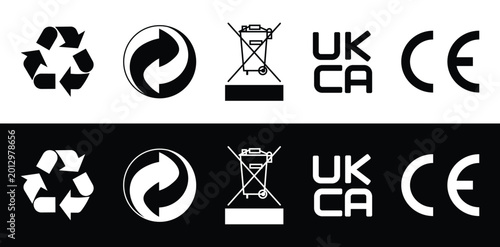 Fotografie Environmental Recycling and Regulatory Compliance Icon Set for Packaging, Recycling Symbol, Green Dot, WEEE Wheelie Bin, CE Mark and UKCA Certification Labels Vector Illustration for Product Design