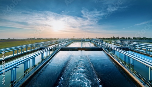 water streams from industrial pipes into clear blue treatment pool modern facility processing liquid for purification sanitation needs water system infrastructure management for clean environment