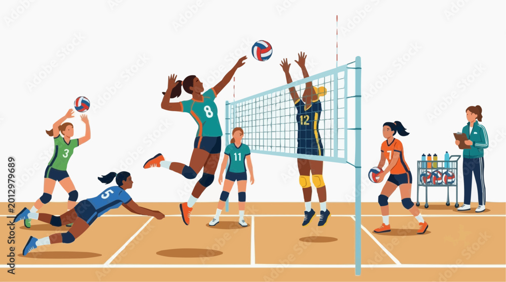 Fototapeta premium Professional women volleyball team playing match on indoor court with volleyball
