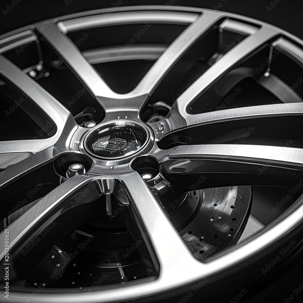 Obraz premium Sleek, metallic wheel rim with intricate spokes and perforated brake disk