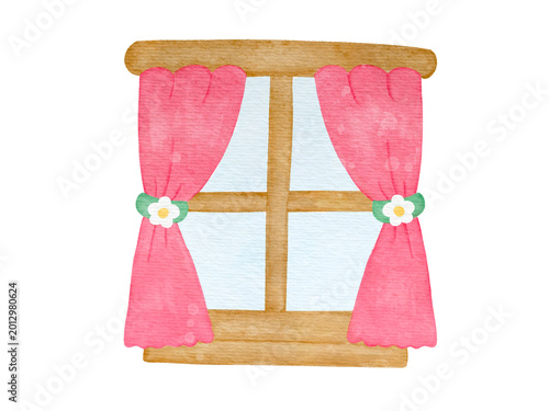 Watercolor Window With Pink Curtains And Flowers Illustration 