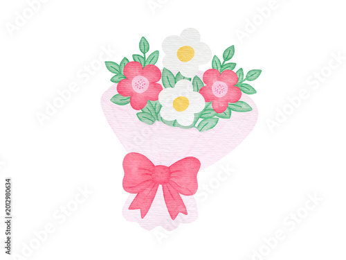 Watercolor Bouquet with Pink Bow Illustration 