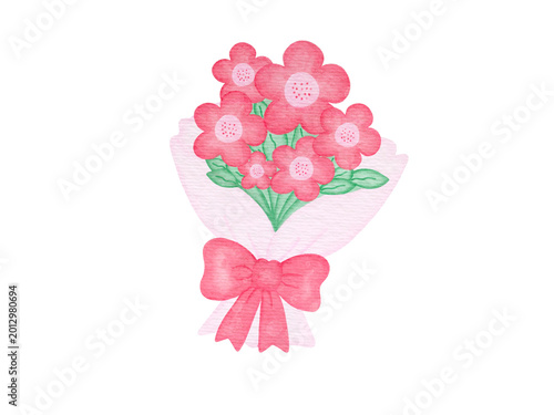 Watercolor Pink Flower Bouquet with Bow Illustration 