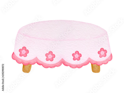 Watercolor Pink Tablecloth With Floral Trim Illustration 