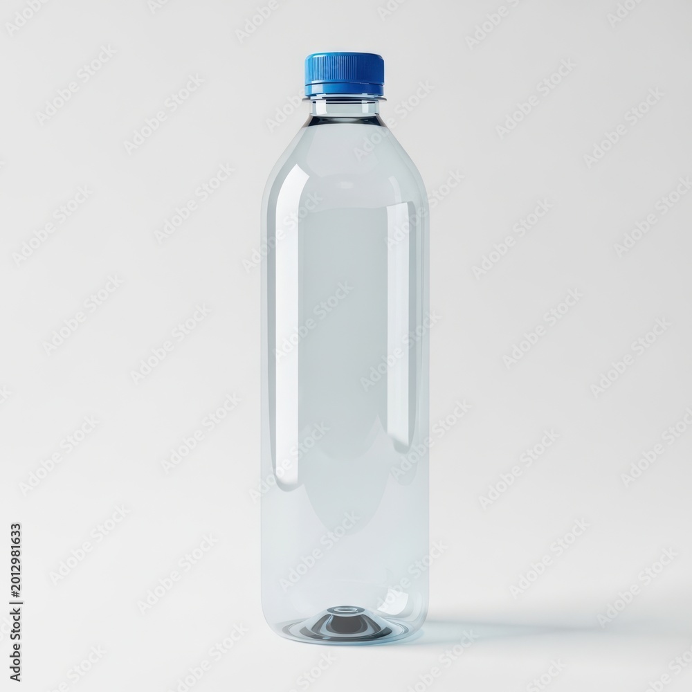 Naklejka premium A clear plastic bottle with a blue cap on a white background.