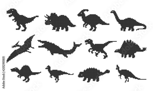 Cuadro en lienzo Set of pixel art dinosaur silhouettes featuring various species like T-Rex, Triceratops, and Pterodactyl