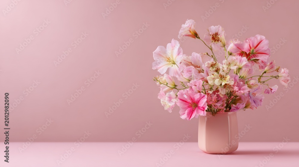 Obraz premium Pink flowers in a vase on a pink surface