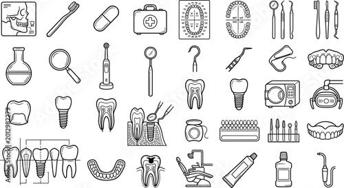 Tableau sur toile Dental Care and Orthodontic Icon Set Featuring Teeth Anatomy, Dentist Tools, Imp