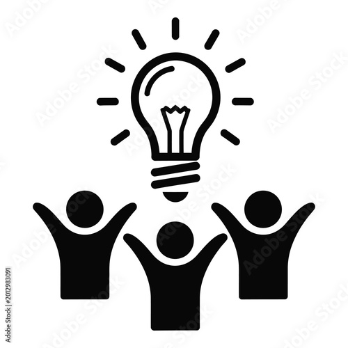 Three people reaching up to a light bulb idea concept  teamwork and innovation icon