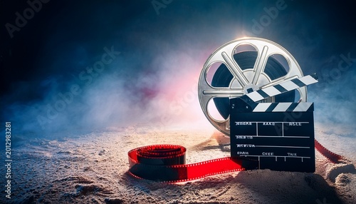 film reel and clapper board set on dusty floor with red film strip unwound cinematic background suggests film production or movie making process