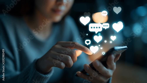 Woman using smartphone with glowing social media icons in dark digital lifestyle scene
