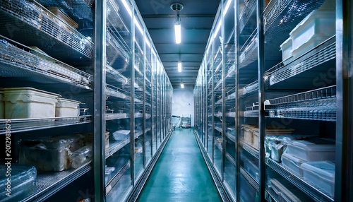 walk in industrial deep freezer interior frost covered shelves full of wrapped food containers in warehouse cold storage room for frozen food products cool refrigerating chamber food industry