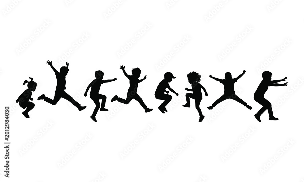 Obraz premium Diverse group of children silhouettes jumping and playing joyfully outdoors on a white background.