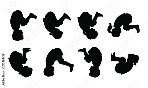 Silhouettes of children performing acrobatic flips and rolls, demonstrating agility and energy.