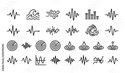 Tableau sur toile Editable wave and signal line icon collection with heartbeat vibration ocean sto