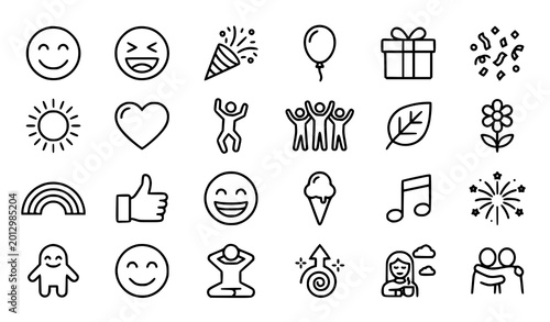 Canvas Print Modern happiness line icon set with joyful faces celebration nature and positive