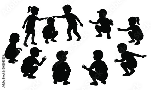 Group of diverse children silhouettes playing a game, crouching and interacting in various poses, depicting social play and childhood fun.