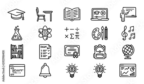 Obraz na plátně Editable education and learning thin line icon collection with school subjects a