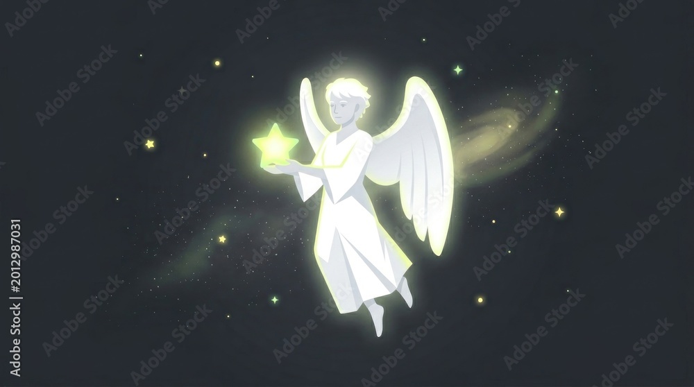 Fototapeta premium A luminous angel floats in a dark, starry space.