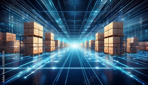 futuristic warehouse with interconnected glowing blue digital lines and floating boxes representing an ai driven supply chain management system optimizing logistics