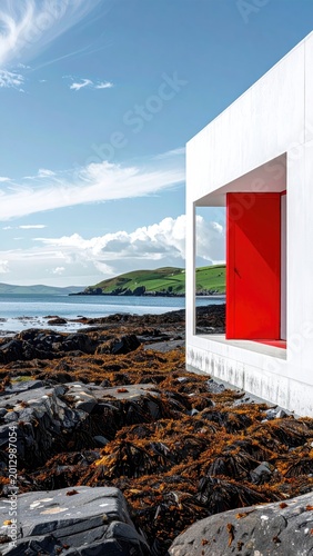 Stark white coastal structure with vibrant red door against a rocky shore and sea
