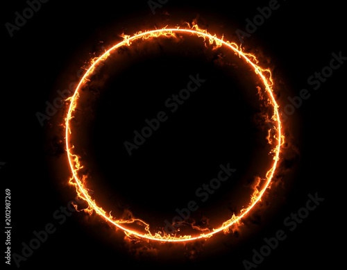 Glowing orange ring of flames against a stark black backdrop, a circular energy source