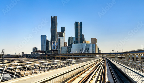 View of the King Abdullah Financial District skyscrapers from the metro railway tracks in Riyadh, Saudi Arabia.