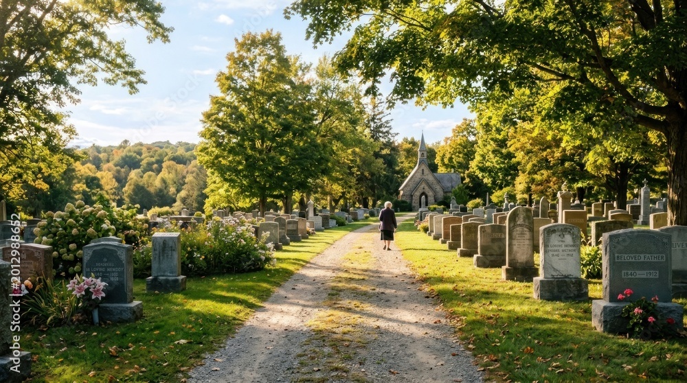 Fototapeta premium A solitary figure walks down a gravel path through a historic cemetery.